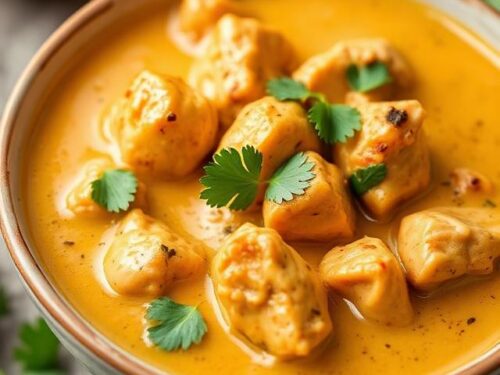 Rich, orange-red butter chicken in a bowl garnished with a swirl of cream and fresh coriander