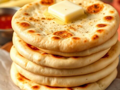 Warm, teardrop-shaped butter naan with dark char spots, brushed with melted butter