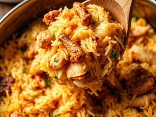 Fragrant, layered chicken biryani with long white and orange rice grains, garnished with caramelized onions and mint