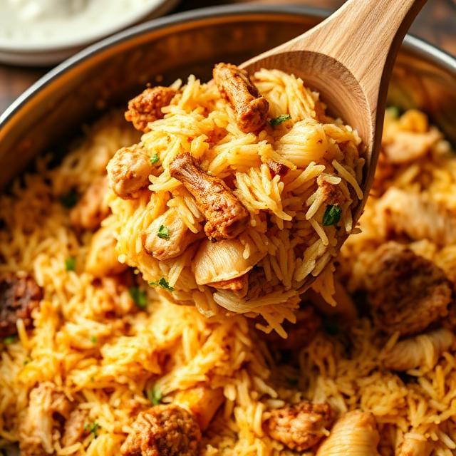 Layered Hyderabadi chicken biryani with saffron-stained rice, fried onions, and mint