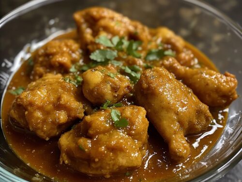 Classic red Indian chicken curry in a steel handi garnished with ginger juliennes and coriander