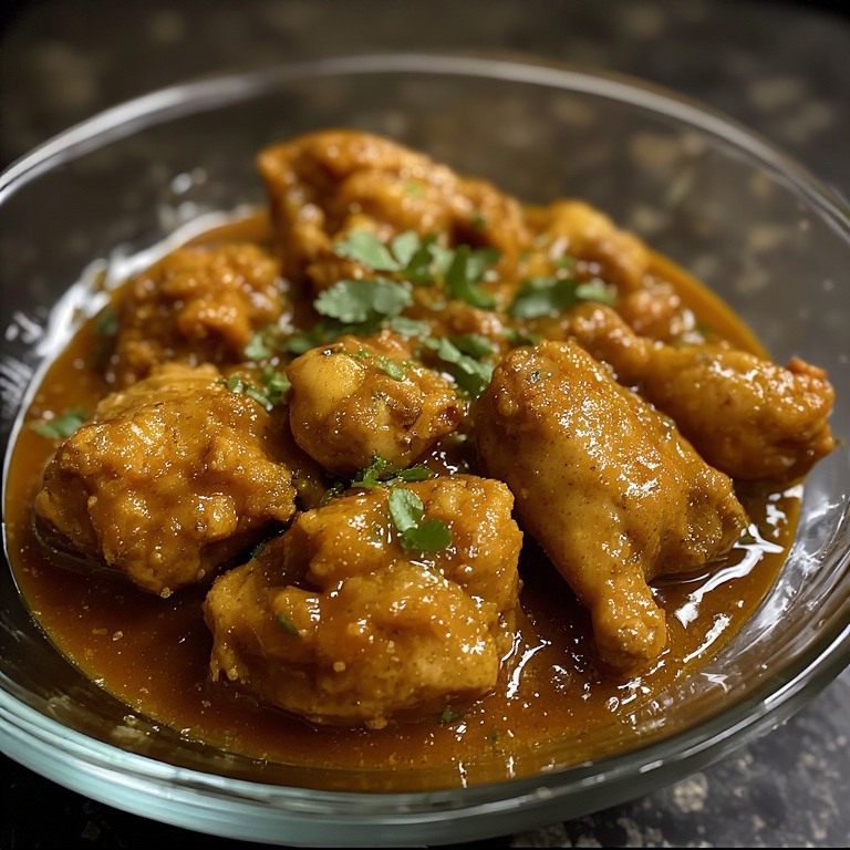A bowl of vibrant red-brown chicken curry with bone-in chicken pieces, garnished with coriander