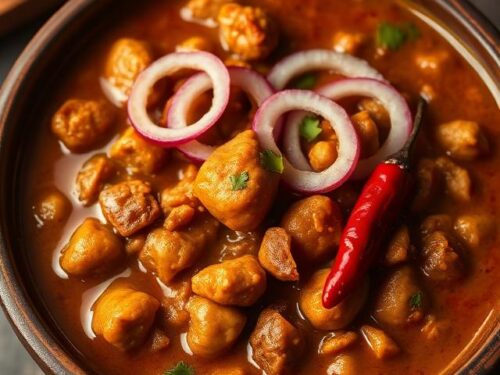 Dark, spicy chickpea curry in a brass bowl with ginger slivers and fresh coriander on top