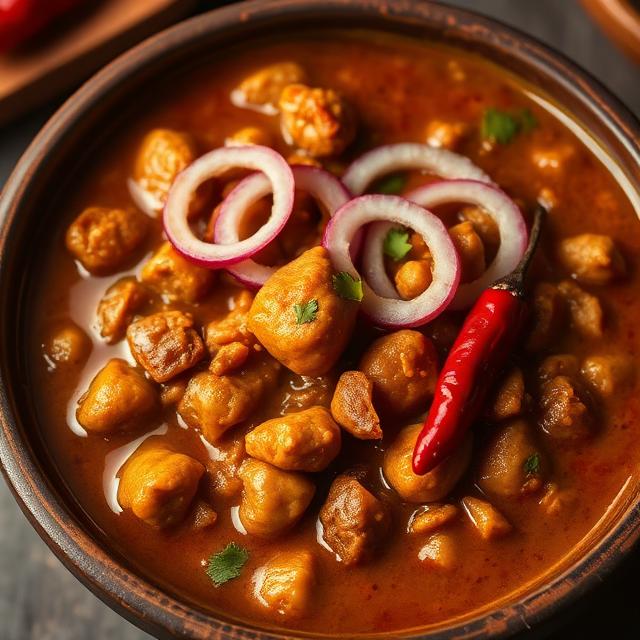 A bowl of dark brown chickpea curry garnished with ginger juliennes, green chilies, and fresh coriander