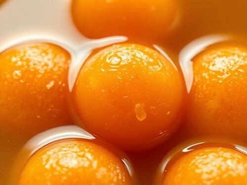 Deep golden-brown gulab jamun balls soaking in a clear sugar syrup, garnished with pistachios and rose petals