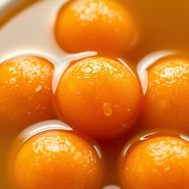Golden brown gulab jamun dumplings soaked in clear sugar syrup in a decorative bowl