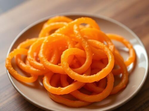 Golden orange jalebi swirls glistening with sugar syrup on a traditional plate