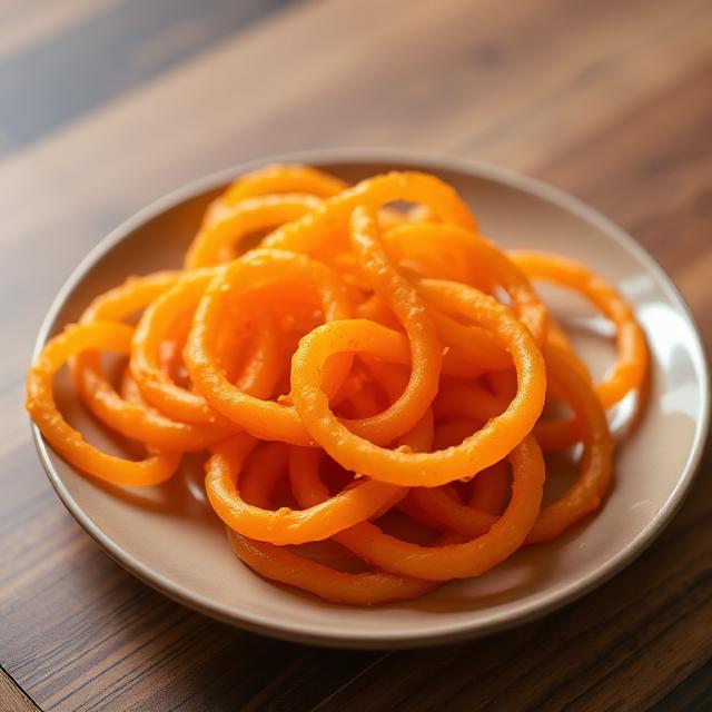 Bright orange, glistening jalebi spirals piled high on a plate