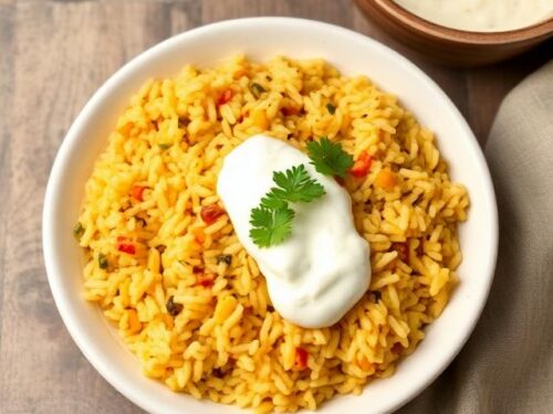 Warm yellow moong dal khichdi served with a dollop of ghee and a side of mango pickle