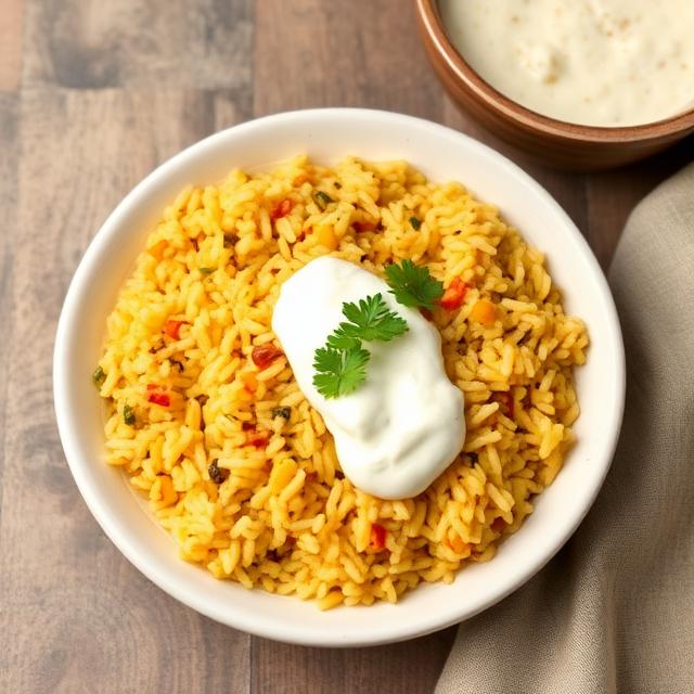 A plate of yellow dal khichdi topped with a dollop of ghee and served with papad and pickle