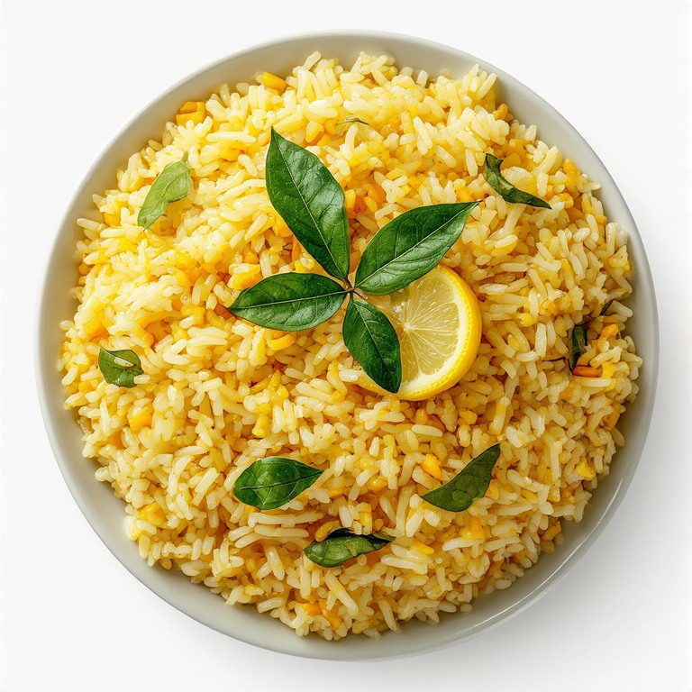 Wide bowl of golden Indian lemon rice garnished with toasted peanuts, fresh curry leaves, and a lemon wedge on a rustic wooden surface