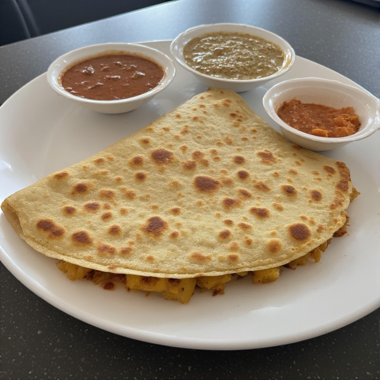 Crispy golden masala dosa on a steel plate with coconut chutney and sambar