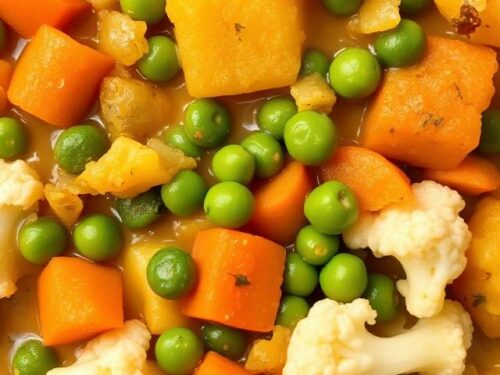 A vibrant melange of colorful vegetables in a thick, aromatic orange gravy