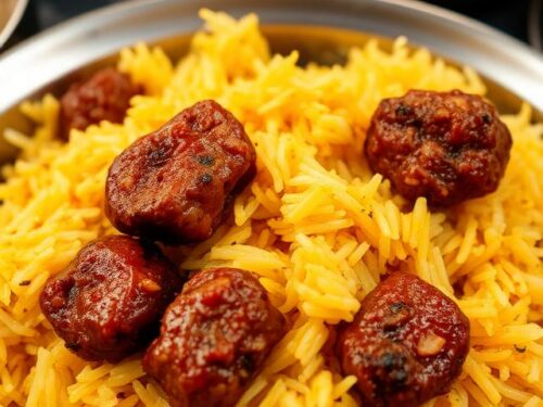 Royal Mutton Biryani with tender meat and saffron-tinted long-grain rice