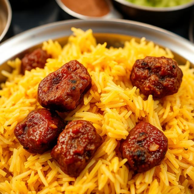 A royal plate of dark-hued mutton biryani with long white rice grains, garnished with saffron and fried onions