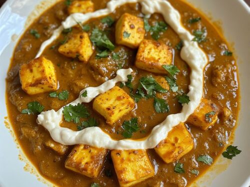 Creamy orange Paneer Butter Masala in a copper bowl