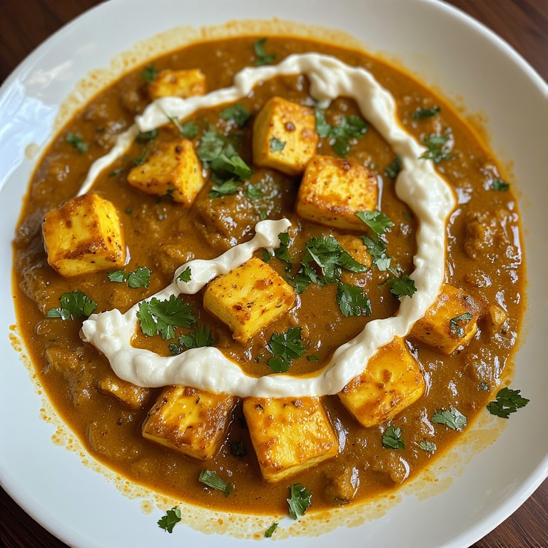 Paneer butter masala in a black bowl with a swirl of cream and kasuri methi