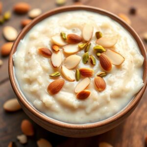 Creamy rice kheer garnished with almonds and raisins