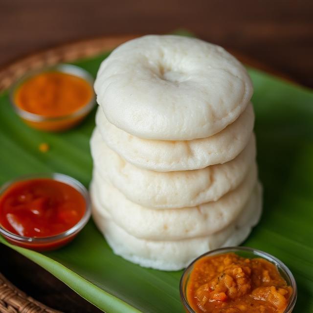 A stack of steaming white, round idlis served with coconut chutney and sambar