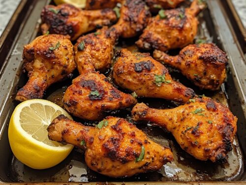 Charred red tandoori chicken legs on a platter with green chutney and onions