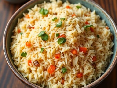 Fluffy white basmati rice pulao with colorful vegetables and whole spices