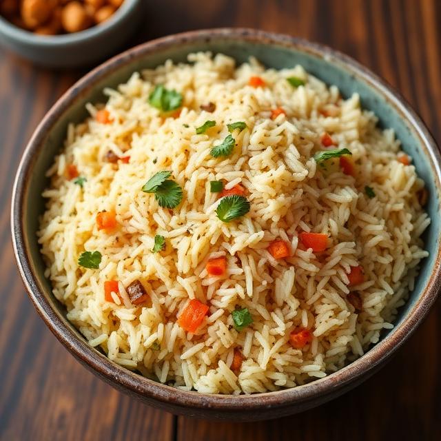A steaming plate of white basmati rice mixed with green peas, orange carrots, and brown spices